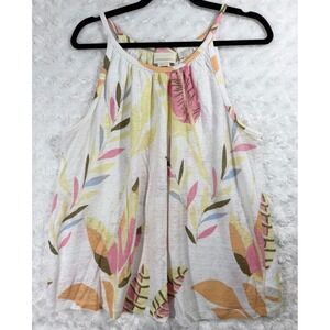 Cynthia Rowley Womens XL Linen Tropical Leaf Print Pink Yellow Halter Tank Top